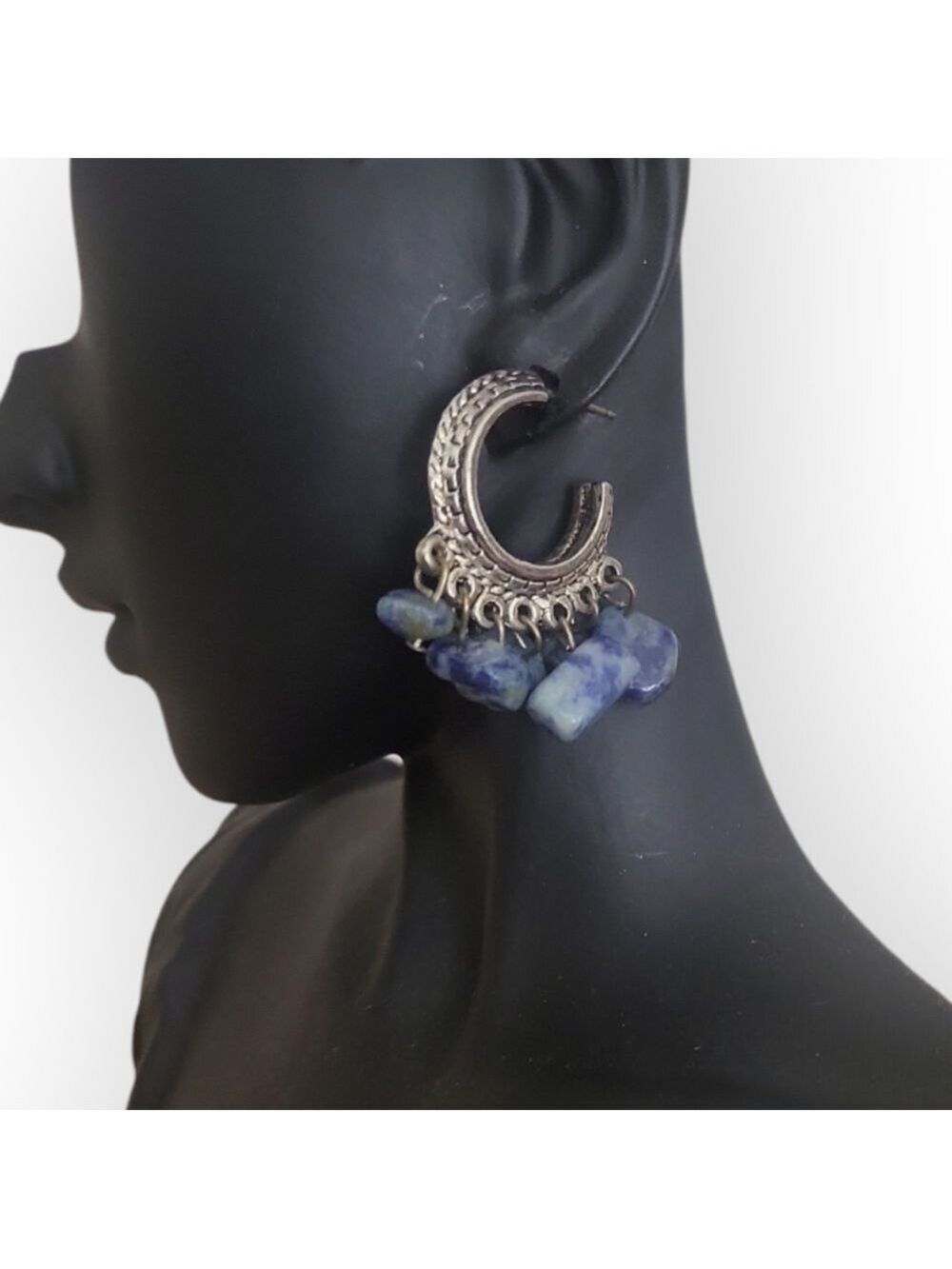 Silvertone Etched Hoop Blue Sodalite Stone Pierced Earrings